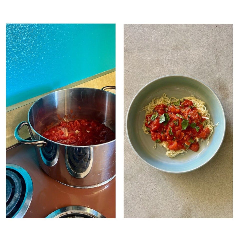 A collage of two images - image 1 shows a pot on the stove with tomato sauce cooking, image 2 shows the finished sauce on top of spaghetti in a wide bowl