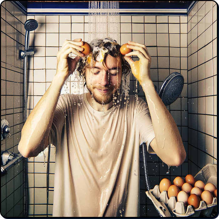 Image of man cracking eggs on head in the shower