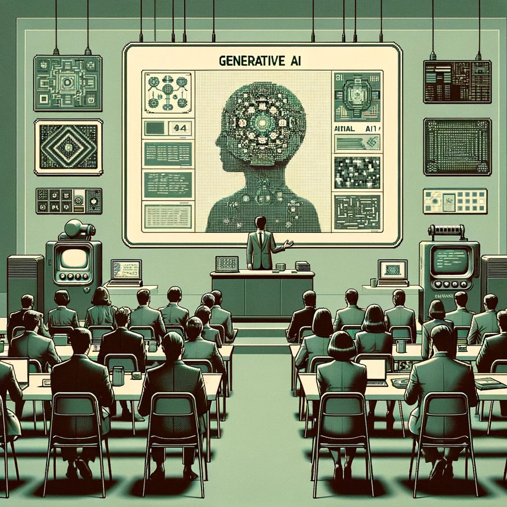 Photo depicting a vintage-inspired digital aesthetic with mid-century design elements blended with pixel art. The scene is set in a muted sage green tech conference room where a grayscale figure presents a new AI technology. The central focus is a pixelated projection of 'Generative AI', showcasing examples of text, images, and code. The background includes dark gray vintage computers and other attendees discussing the potential impacts of AI, emphasizing the technological breakthrough and its wide-spread implications.