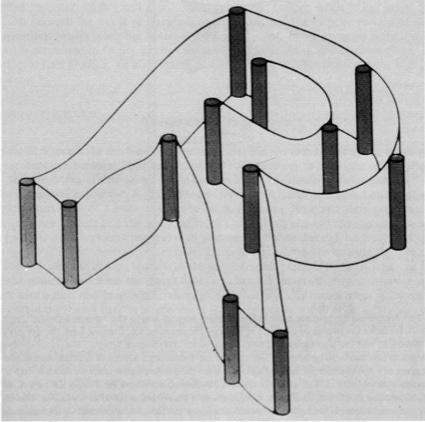 Drawing showing a letter R made of iron posts with paper strung between them to form the letter