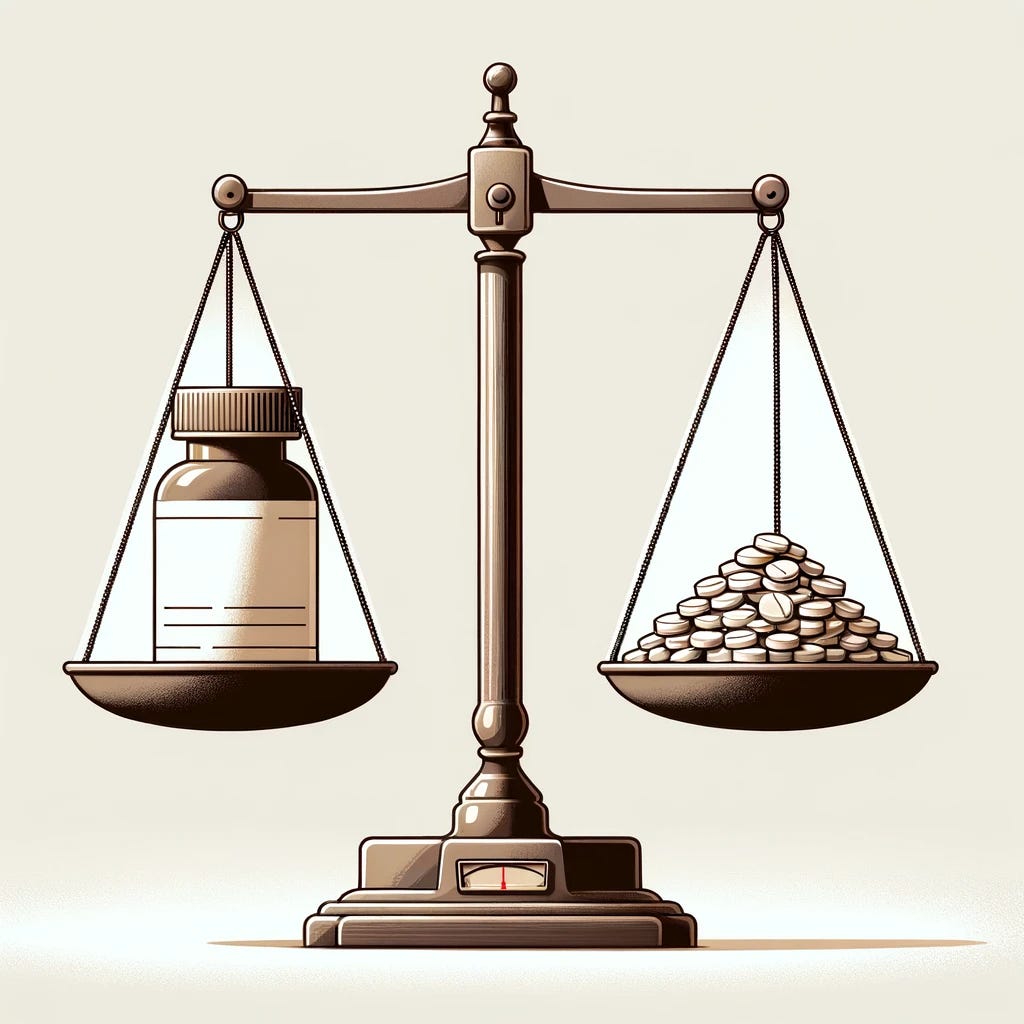 An illustration depicting a balance scale. On one side of the scale, there's a blank pill bottle with no label, representing an unspecified medication. On the other side of the scale, there's a representation of a statin medication, shown as a pile of pills. The scale is evenly balanced, symbolizing a comparison or interaction, with one side featuring an unlabeled pill bottle. The setting is neutral, focusing solely on the scale, the unlabeled bottle, and the statin medication.