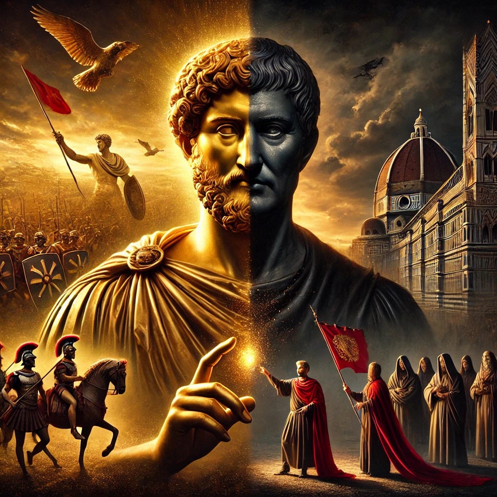 A golden statue of Marcus Aurelius radiates a serene aura as he gazes forward with unshakable wisdom while Machiavelli emerges from the shadows his expression sharp and calculating. One half of the background reveals a vast Roman battlefield filled with disciplined legions and banners fluttering under an overcast sky while the other half showcases a dimly lit Florentine palace where cloaked figures engage in political machinations over a grand chessboard. Between them the air crackles with tension as their forms subtly merge creating a surreal fusion of philosophical contemplation and ruthless strategy. The lighting shifts dramatically from divine golden illumination on the left to deep crimson and obsidian tones on the right intensifying the stark contrast between virtue and pragmatism. Inspired by classical sculpture Renaissance portraiture and cinematic chiaroscuro the composition captures the synthesis of wisdom and power in a single mesmerizing scene. Hyperrealistic details with a painterly texture.