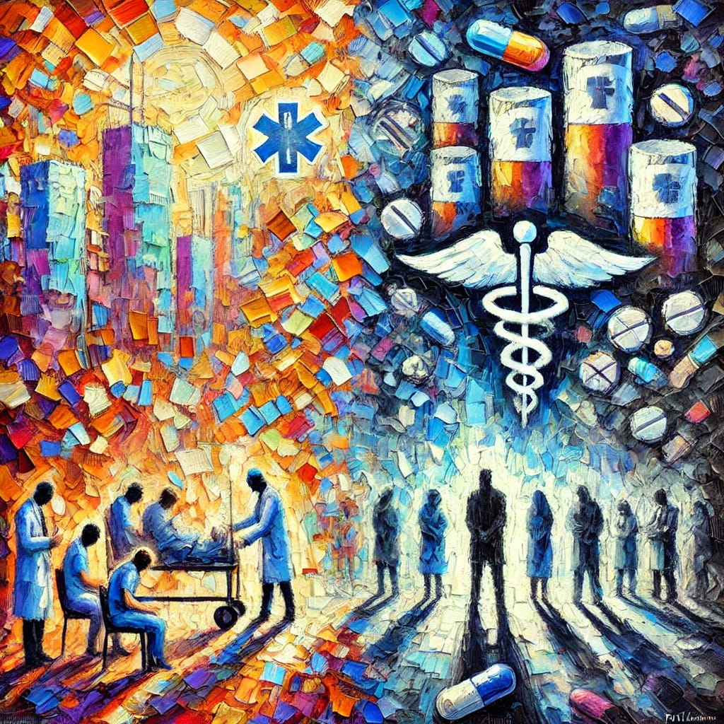 An impressionist oil painting with thick, vibrant brush strokes depicting the theme of healthcare's impact on society. The scene features a bustling hospital environment in abstract, vibrant colors, contrasting images of care and neglect. On one side, healthcare workers assist patients with care, symbolizing hope and dedication. On the other, a shadowed section with an overwhelmed patient and scattered pills conveys the darker realities of over-medication and systemic failure. The background includes faint, abstract symbols of pharmaceutical influence and towering costs, blending into the impressionist style. The overall tone is dramatic yet thoughtful, using expressive textures to evoke emotion.