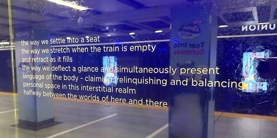 the way we settle into a seat, the way we stretch when the train is empty, and retract as it fills, the way we deflect a glance and simultaneously present, language of the body - claiming, relinquishing and balancing, personal space in this interstitial realm, halfway between the worlds of here and there