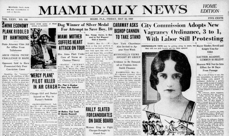 Headline in the Miami Daily News about the adoption of a new vagrancy law enacted primarily targeted at characters such as Al Capone.