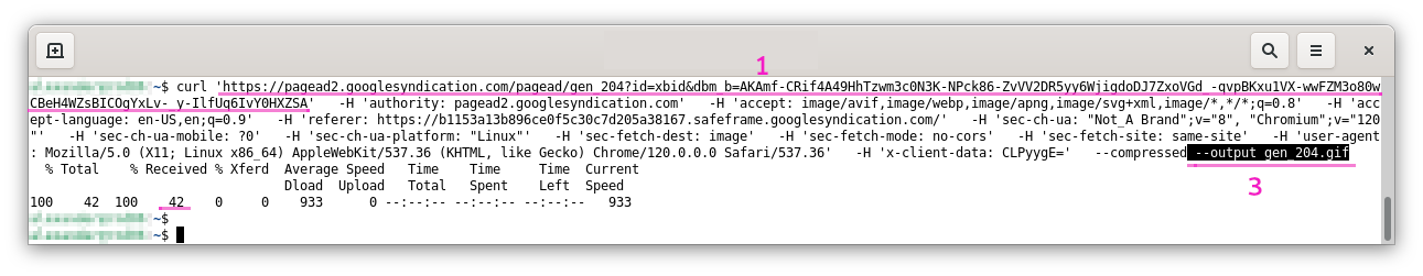 The pasted cURL request on a command prompt. Once executed it again conveys the data and thus downloads the 1x1 GIF pixel