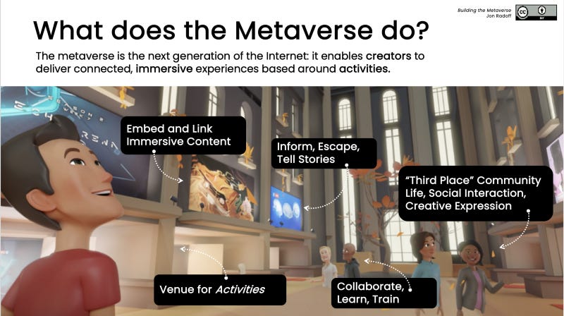What does the metaverse do? Jobs performed by the metaverse. Venue for activities.