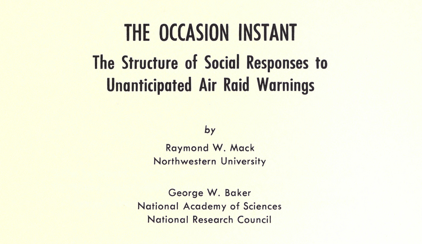 Title page: "The Occasion Instant: The Structure of Social Responses to Unanticipated Air Raid Warnings."