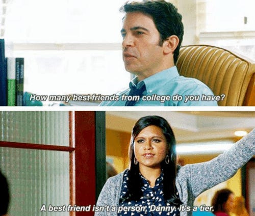 Meme from the Mindy Meme from The Mindy Project where Mindy's nemesis and eventual love interest, Danny, asks "How many best friends from college do you have?" Mindy is in the doorway of his office and responds "A best friend isn't a person, Danny. It's a tier."