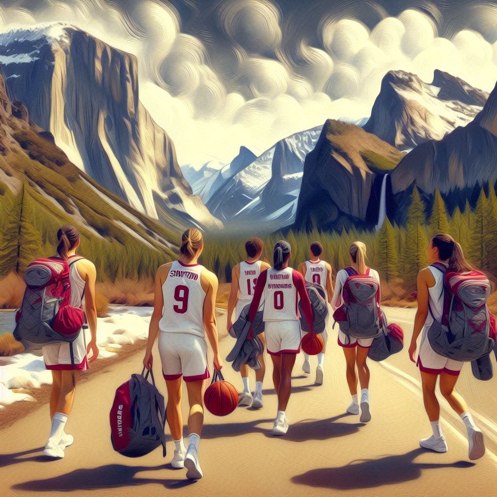 The Stanford women's basketball team carrying their gear as they look at the Rocky Mountains, impressionism