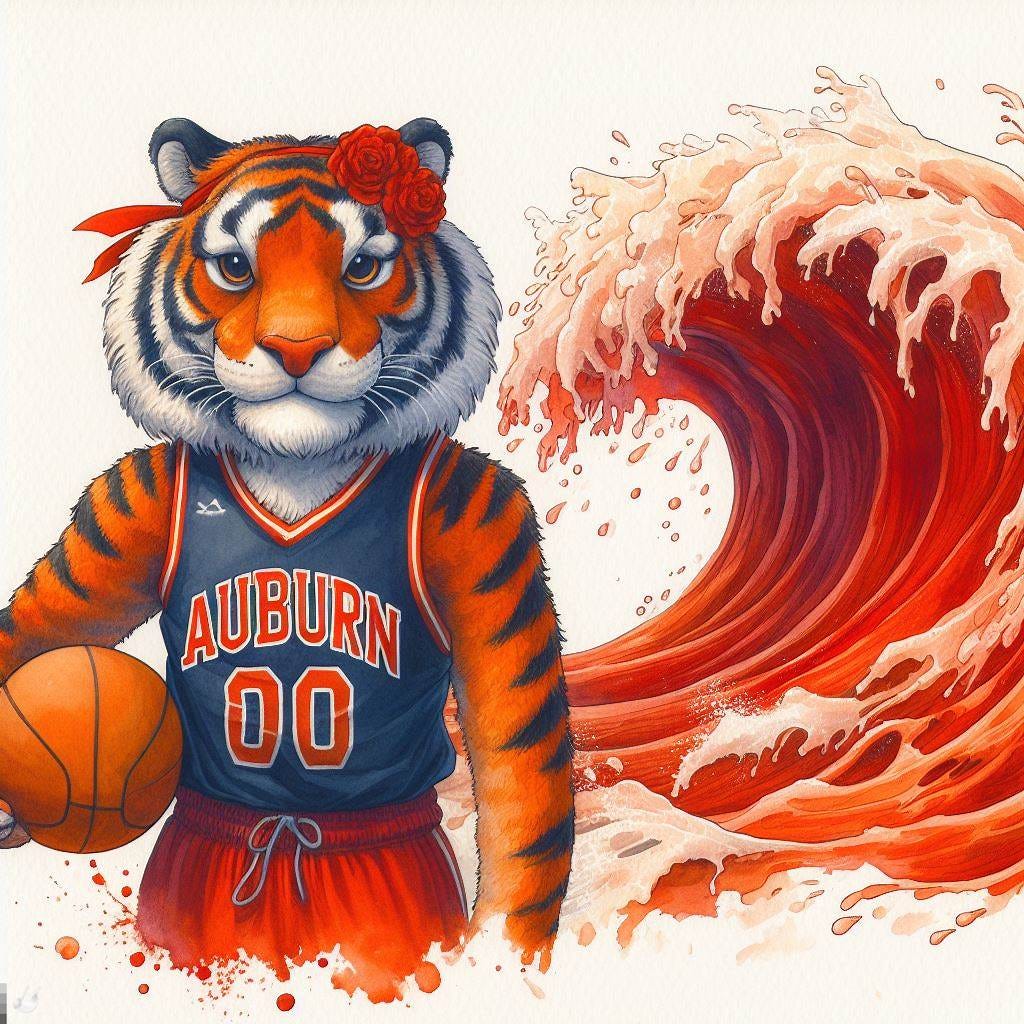 A paper tiger dressed in an Auburn basketball uniform with a red ocean wave approaching him, watercolor