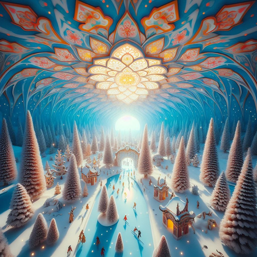 Hyper realistic; tilt shift;  A magical winter wonderland with snow-covered trees, ice-skating figures, and falling snowflakes.  with coral Quatrefoil: cream Gothic Tracery: Louver  yellow and chartreuse decorative ceiling tiles.Hundertwasserhaus, Vienna, Austria: asian pagoda. blue sky, prisms of light on string.Vast distance..Noctilucent Clouds  spiraling into a portal. Radiant. Ethereal