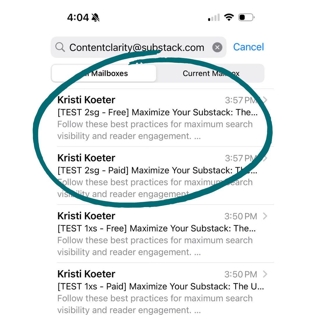 Substack email preview in mobile client - example of subhead in email client