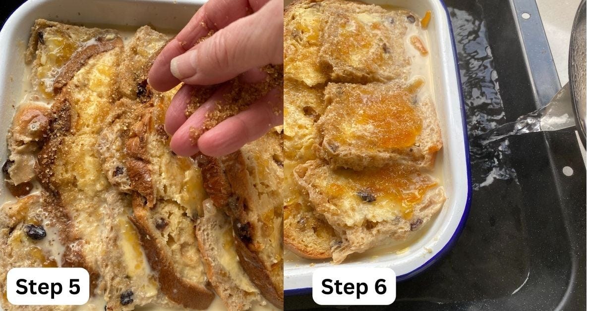 A hand scattering sugar over the top of a bread and butter pudding. 
