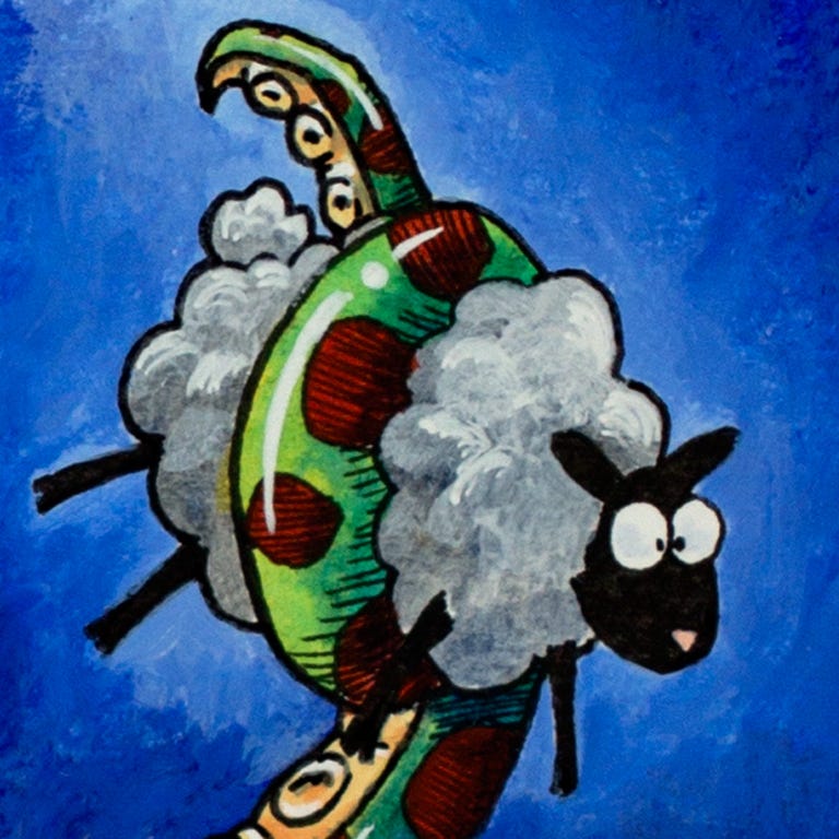 an illustration of a cartoon sheep being swept up by a green-and-red tentacle