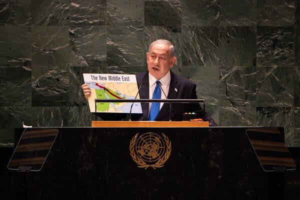 Prime Minister Benjamin Netanyahu at a podium.