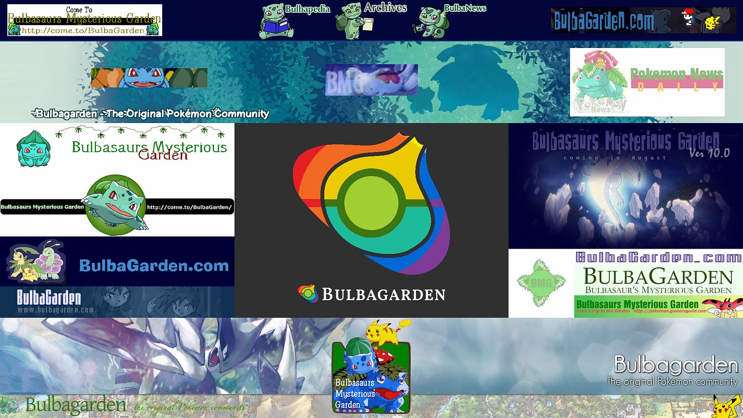 A selection of banners and logos from Bulbagarden's history, between 1999–2025