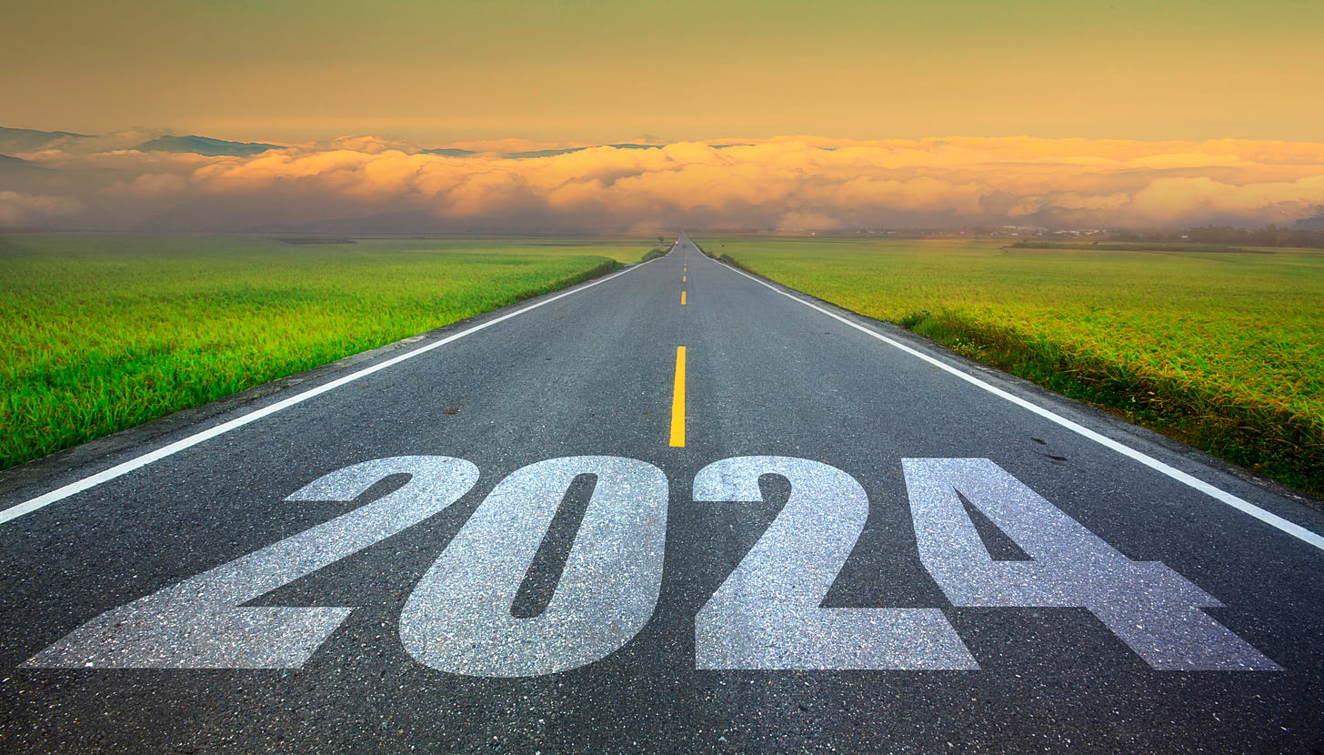 Road going off into the horizon with "2024" printed on it