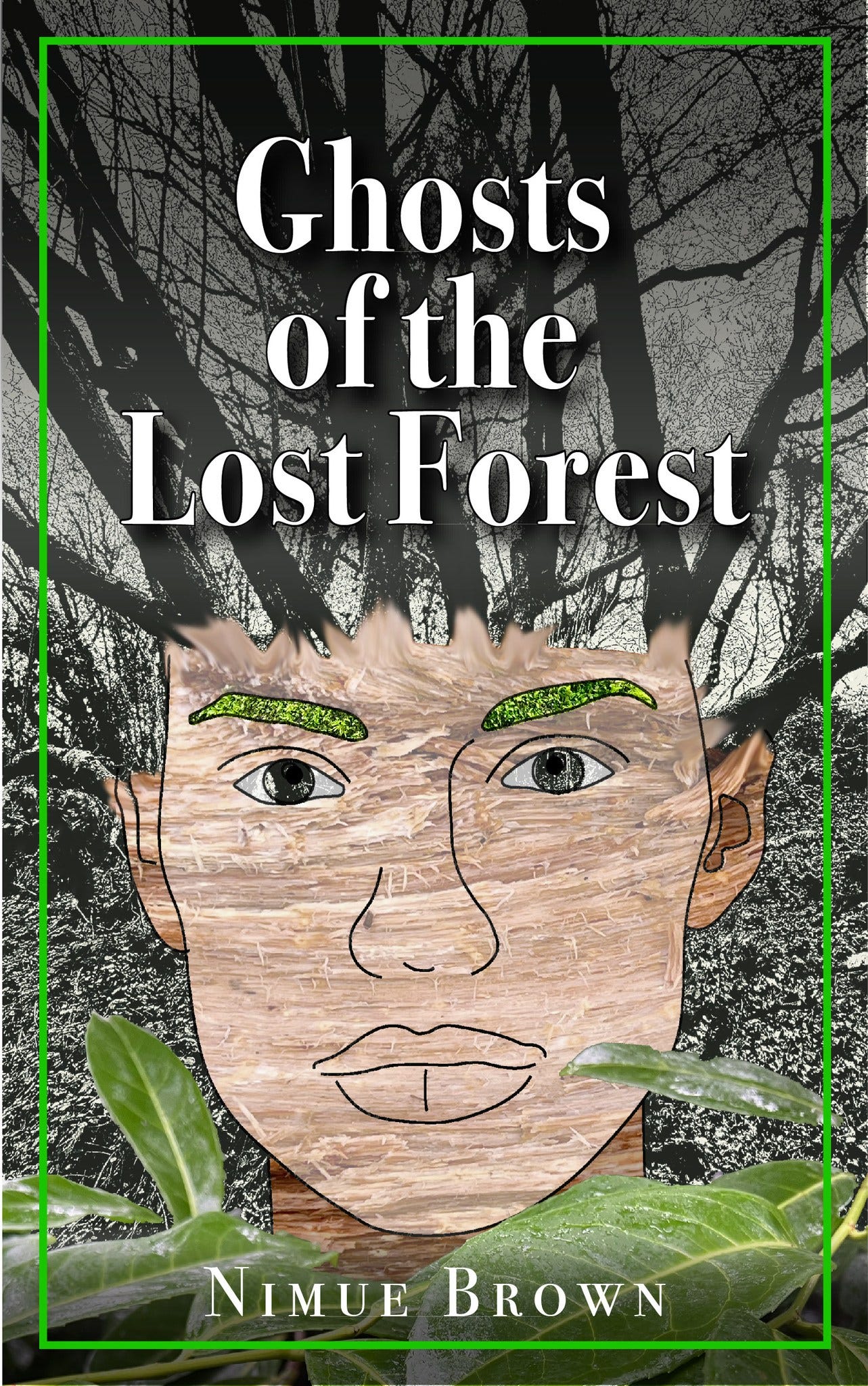 Book cover of Ghosts of the Lost Forest by Nimue Brown, with a human face merging into forest growth