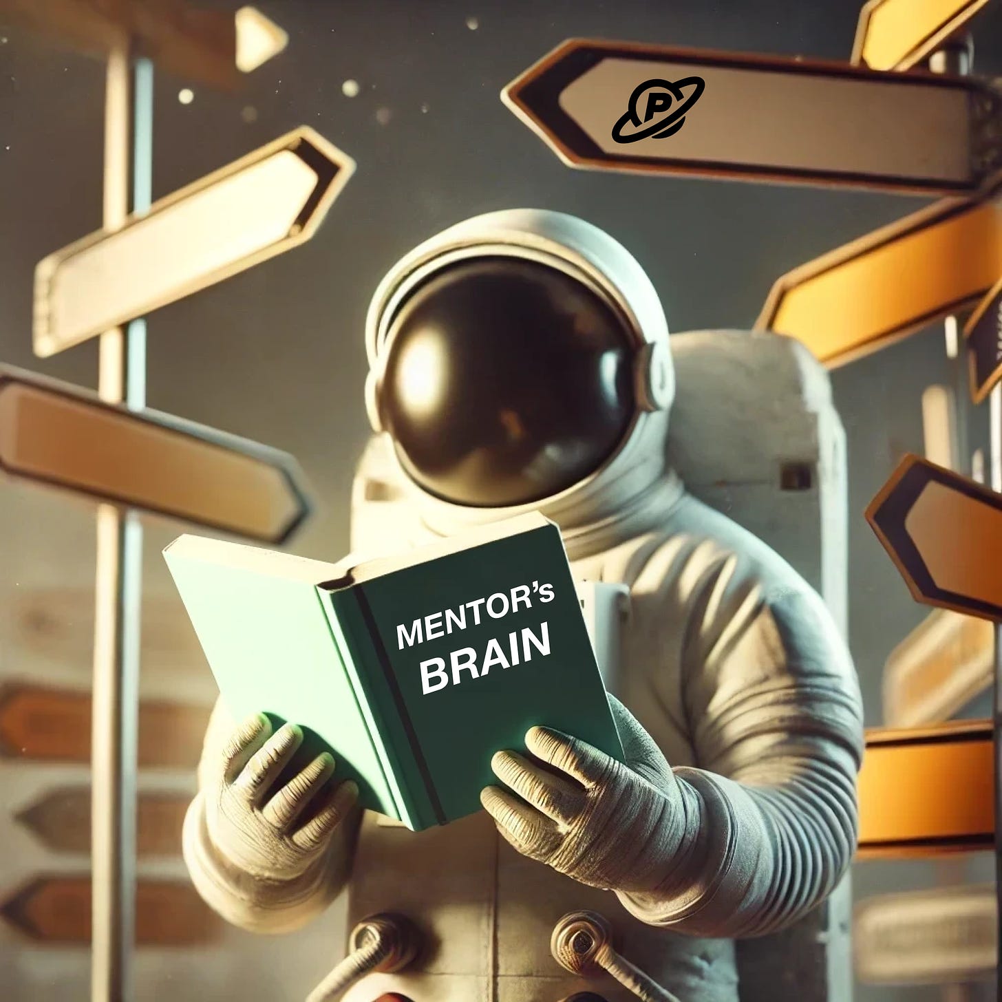 An astronaut at the crossroads is reading a book titled: "Mentor's Brain".