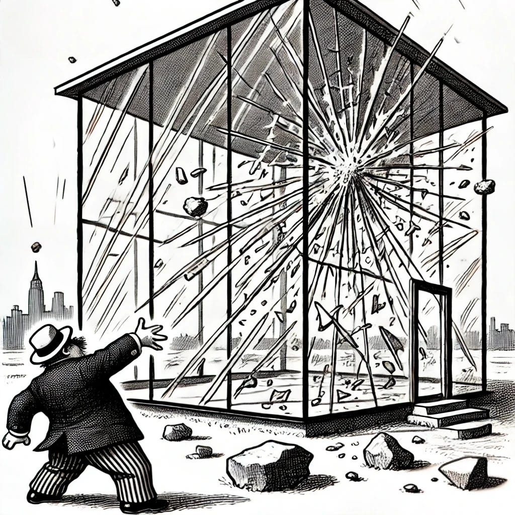 A black and white New Yorker-style cartoon featuring a glass house. The glass house is detailed with a modern design, fragile and transparent, with some stones already causing cracks on the surface. The background is minimalist, with a simple line drawing of trees or cityscape in the distance. The cartoon has a witty, ironic tone, typical of New Yorker illustrations, without any characters or figures present.