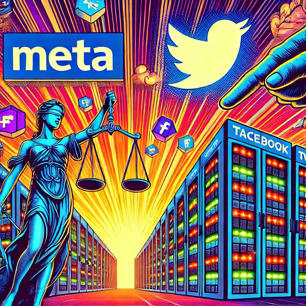 A vibrant and dynamic pop-art style illustration in 1920x1080 format, featuring the logos of Meta (parent company of Facebook) and Twitter. The scene portrays legal disputes with symbols of lawsuits and data centers in the background. Data centers are illustrated as futuristic server rooms with glowing lights. The illustration uses bold colors and dramatic contrasts typical of pop-art style, emphasizing the conflict and technological context.