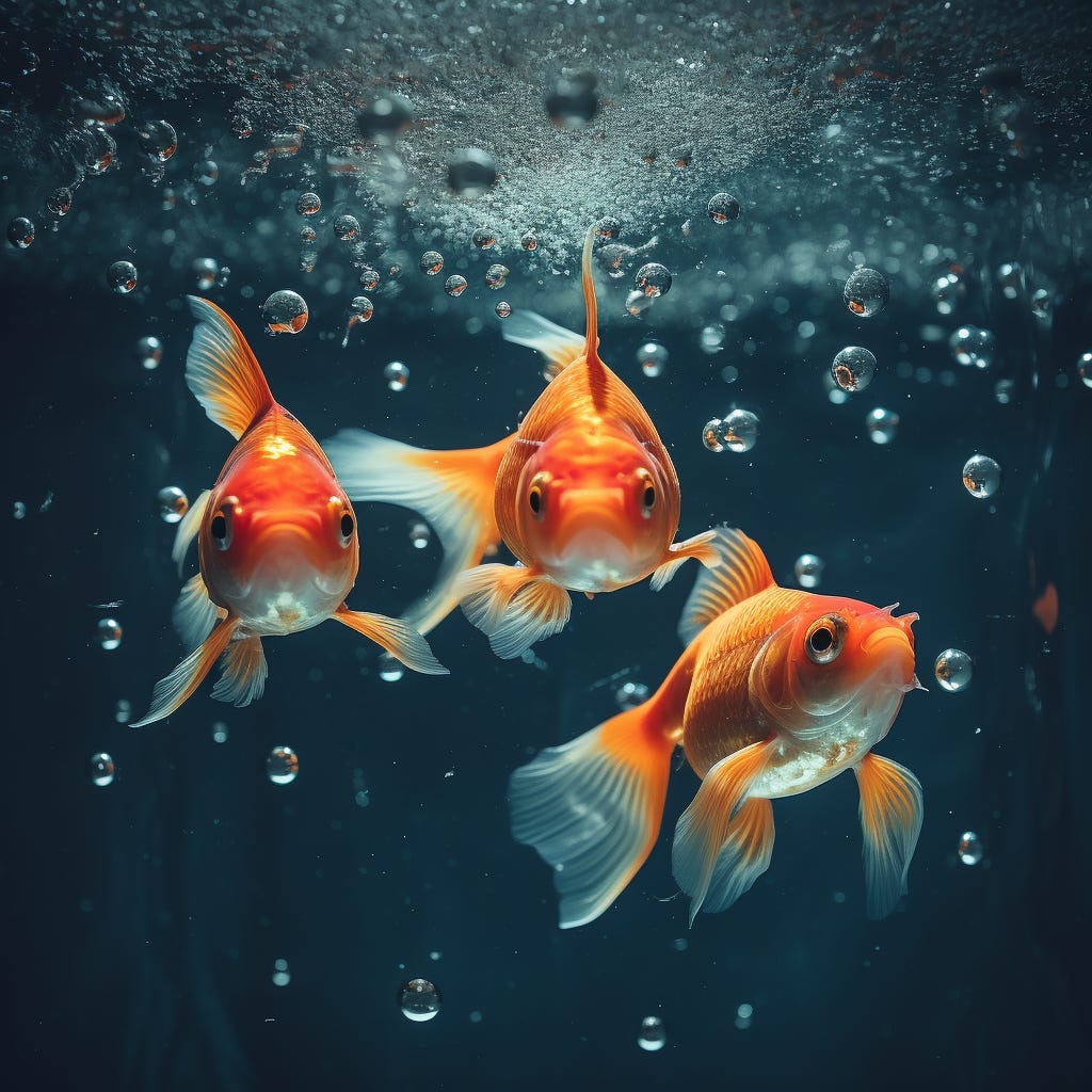 three goldfish looking saracastically out of a fresh bowl of water