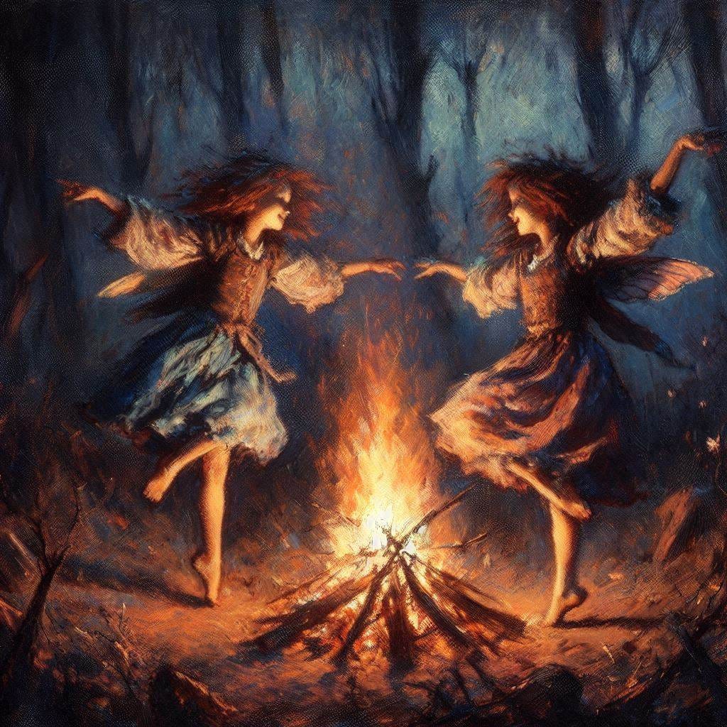 two manic pixie dream girls with brown hair dance around a bonfire in a dark, ominous forest. Slight impressionist style.