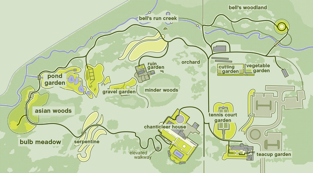 Map of Chanticleer’s gardens, which are connected paths saturated with interesting plantings. Map from ChanticleerGarden.org