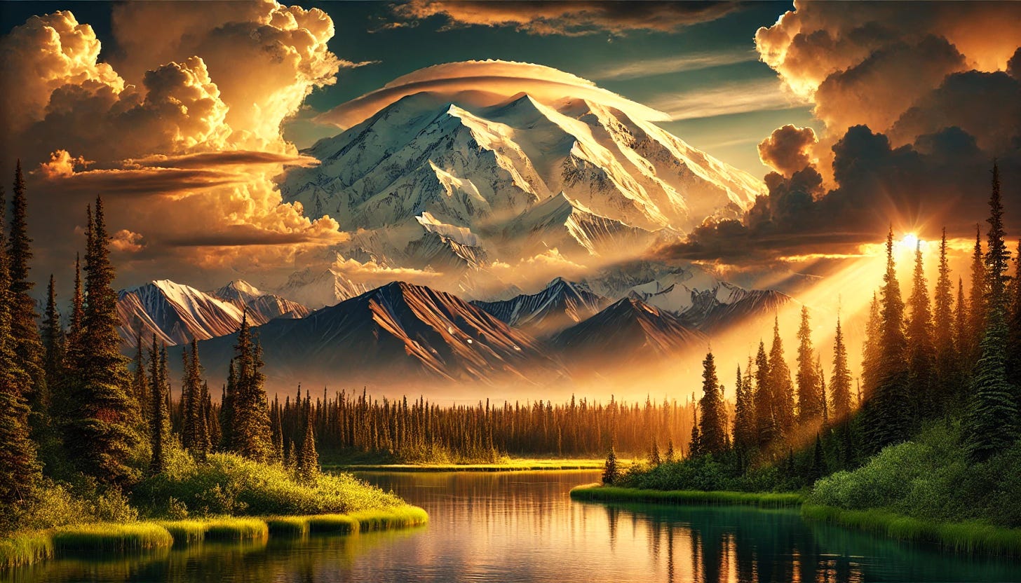 A majestic view of Denali, the tallest mountain in North America, with a dramatic sunrise casting golden light on its snow-covered peak. The scene includes a foreground of lush green forest and a calm reflective lake. In the background, the grandeur of the mountain dominates the horizon, symbolizing cultural heritage and history. The image evokes a sense of awe and connection to nature and indigenous roots.