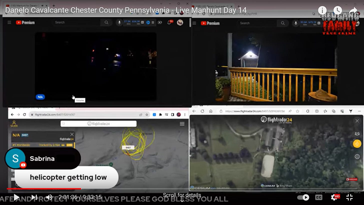 Screen shot of true crime YouTube streamer T-REV 757’s coverage of the Danelo Cavalcante manhunt.