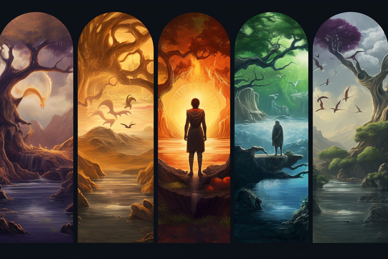 An AI generated pentaptych on "The Year of Progress". Each frame is a different striking vignette of a tree and an adventurer.