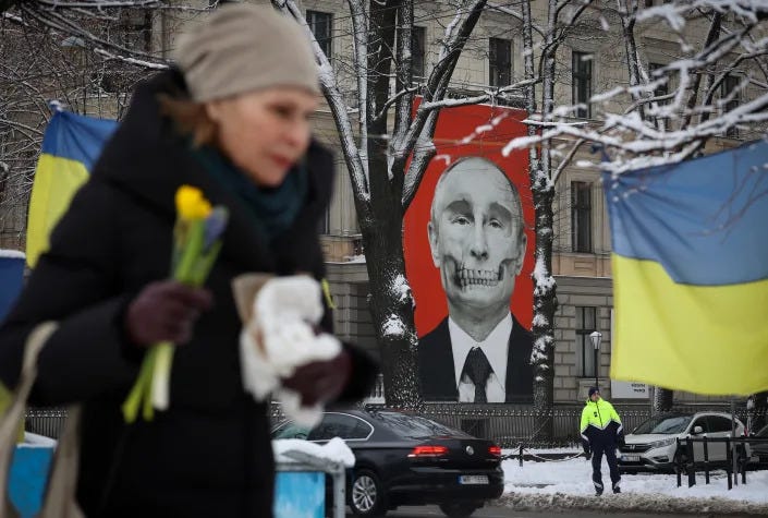 A mural depicting Russia&#39;s President Vladimir Putin decorates a building adjacent to the Russian Embassy in Riga, Latvia, in February.