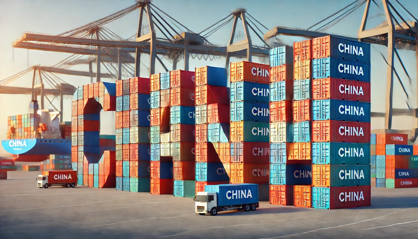 A wide aspect ratio image of the word 'CHINA' written using shipping containers. The containers should be stacked and arranged to clearly spell out the letters C-H-I-N-A, with vibrant colors and realistic details. The setting should be an industrial port or shipping yard, featuring cranes, ships, and other containers in the background, emphasizing the scale of China's logistics and global trade.