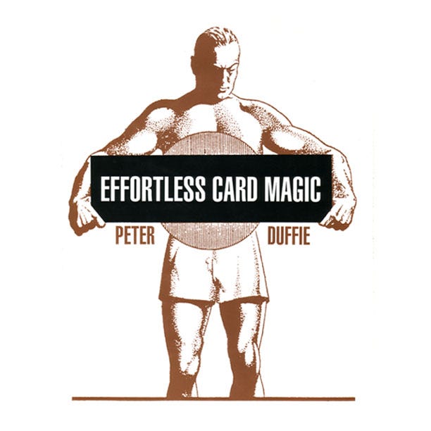 Illustration of a male weight lifter holding a sign saying EFFORTLESS CARD MAGIC
