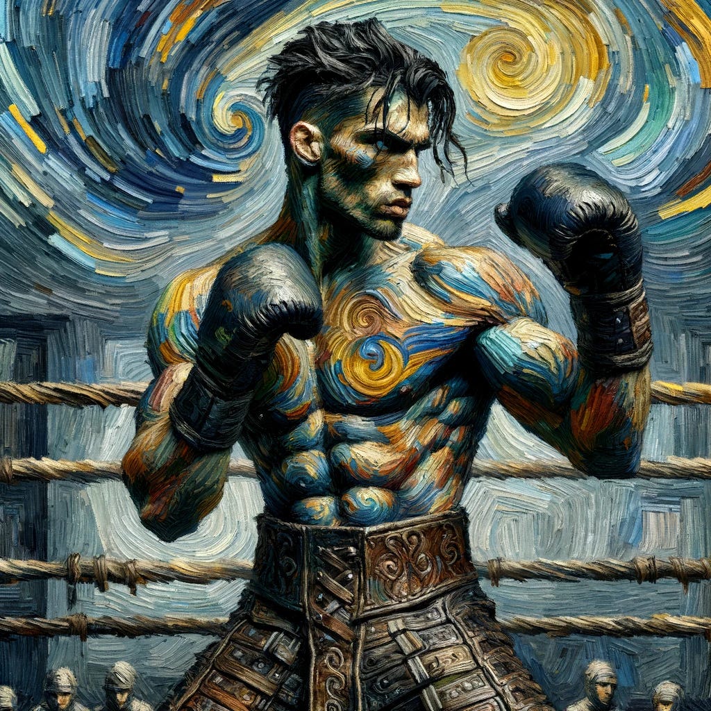 A highly stylized artistic depiction of a male fighter in a medieval fight ring, inspired by the expressive brushstrokes of Van Gogh. The fighter stands in a fighting stance, muscular with short dark hair, his face and arms adorned with vivid, almost abstract bruises and scars. His medieval leather armor appears textured and worn, with dynamic, swirling brushstrokes that add movement and emotional depth. The background is a moody, dimly lit stone fight ring, rendered with less realism and more impressionistic flair, blurring the lines between realism and abstraction. The image is designed with a 14:10 aspect ratio for a Substack post cover.