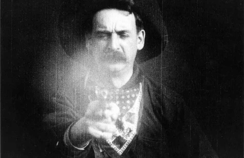 Famous shot from the end of Edwin S Porter's 1903 film The Great Train Robbery - a bandit fires his six-gun directly at the camera