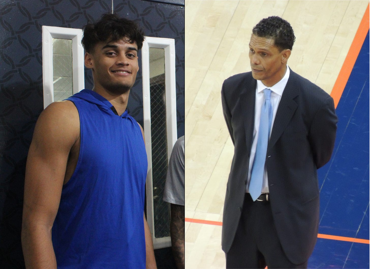 FDU forward Jo’el Emanuel (left) and Monmouth coach King Rice (right) have confidence in their teams ahead of the 2024-25 season. (Emanuel photo by Adam Zielonka; Rice photo via Wikimedia Commons)