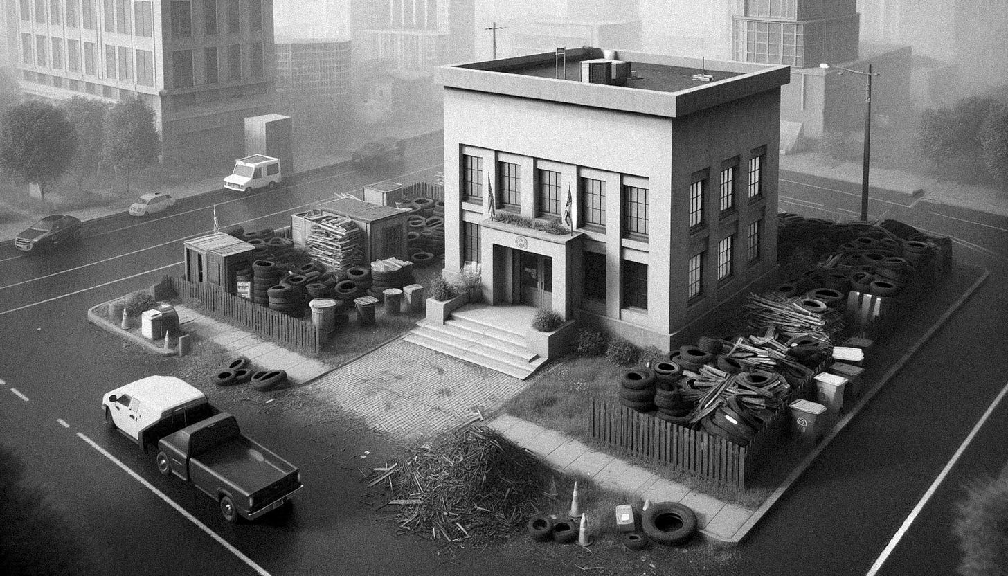 Manually processed image from an AI generated source of a black and white image of an administrative waste and recycling facility.