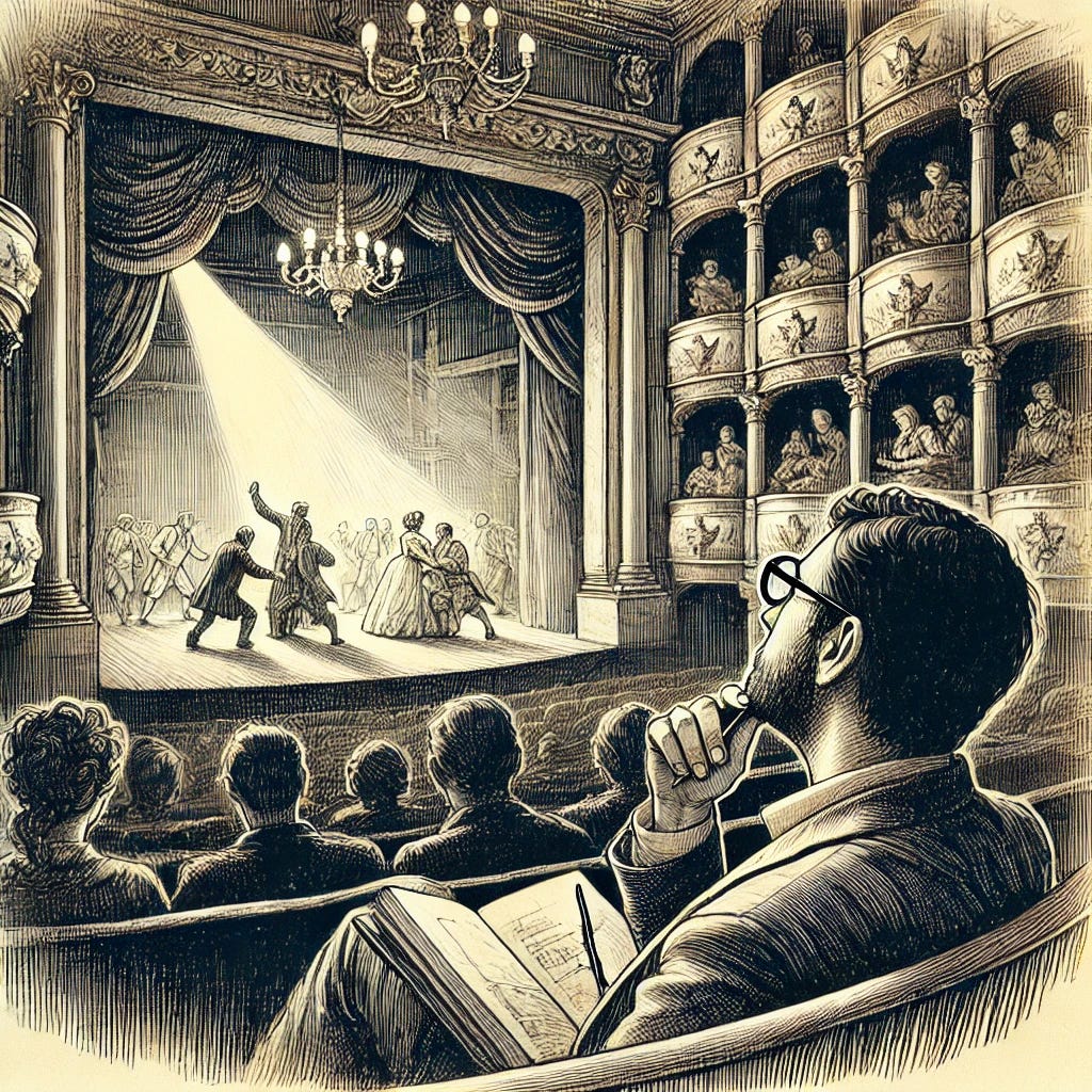 An ink drawing of a playwright sitting in a theater, looking up at a stage where a dramatic scene is being staged. The theater is dimly lit with detailed architectural features. The stage is illuminated, showing actors in mid-performance with expressive gestures. The playwright is seated in the audience, holding a notebook and pen, wearing glasses and appearing deeply engaged and contemplative. The overall style is detailed and classic, with an older, vintage look, capturing the essence of theater and creativity.