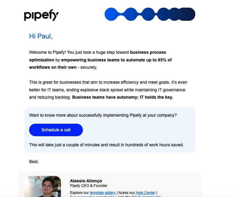 Pipefy self-segmentation onboarding email number 1