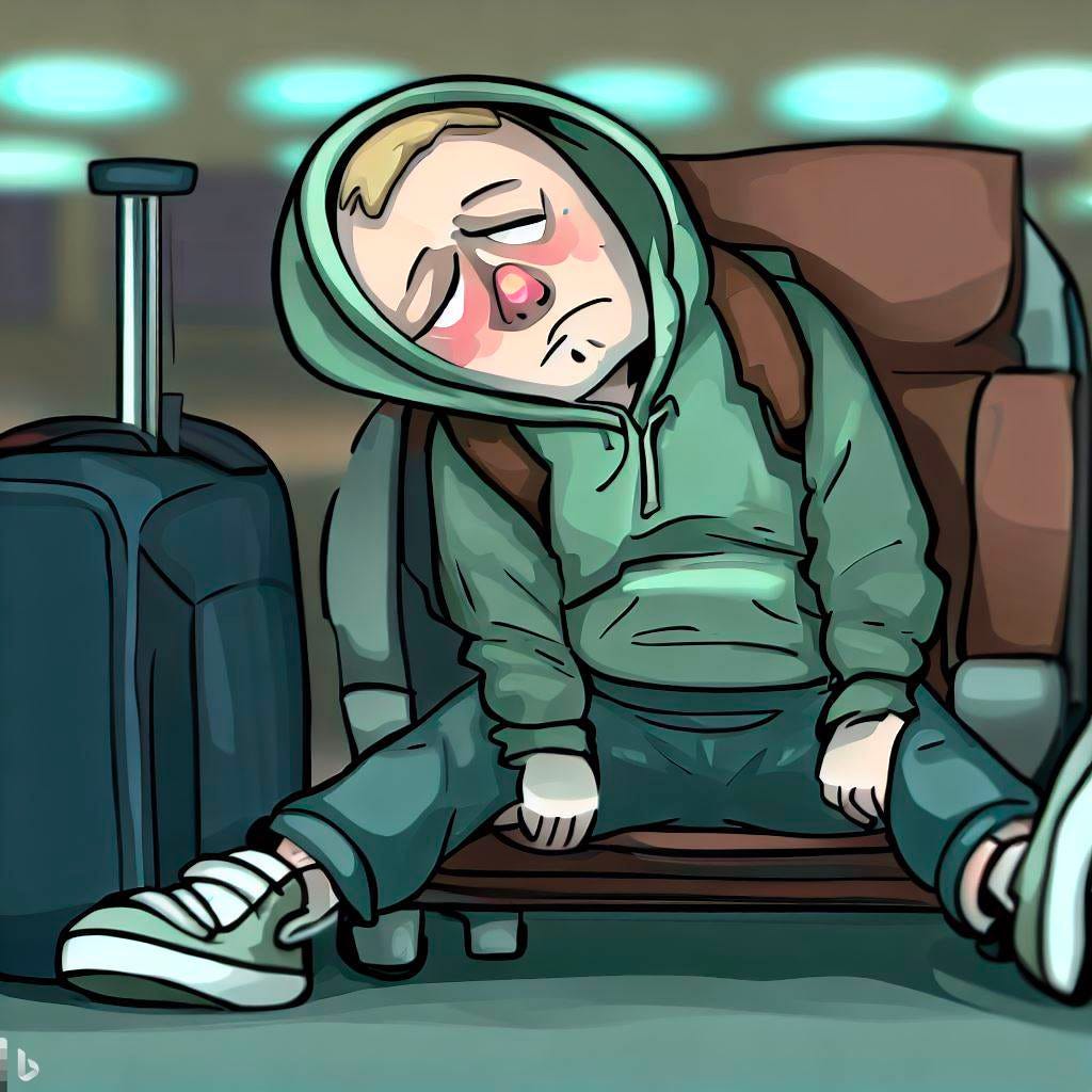 A cartoon of a tired man in a green hoodie trying to stay awake while sitting in an airport