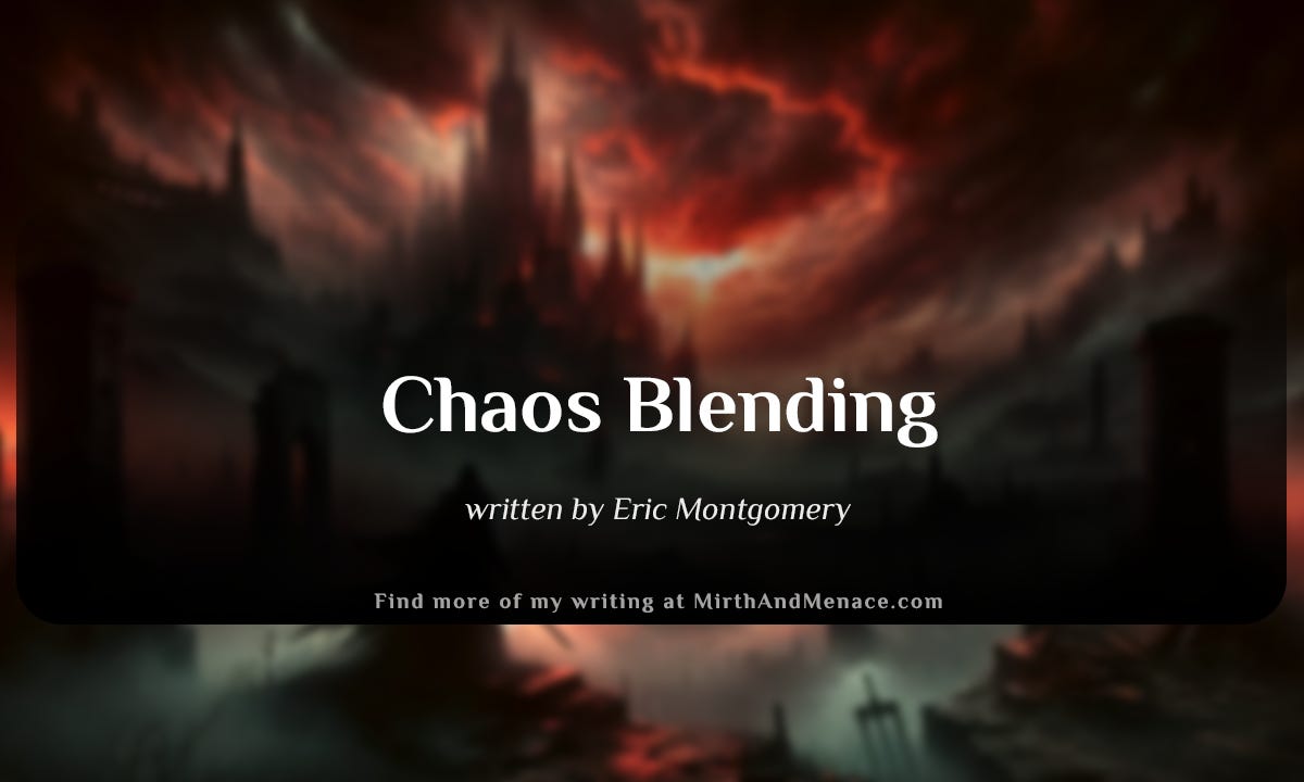 A chilling landscape blends apocalyptic ruin, Gothic decay, and a shadowy figure with a blade under a blood-red sky, evoking eerie horror. Used for a cover image on a poem written by Eric Montgomery, "Chaos Blending"