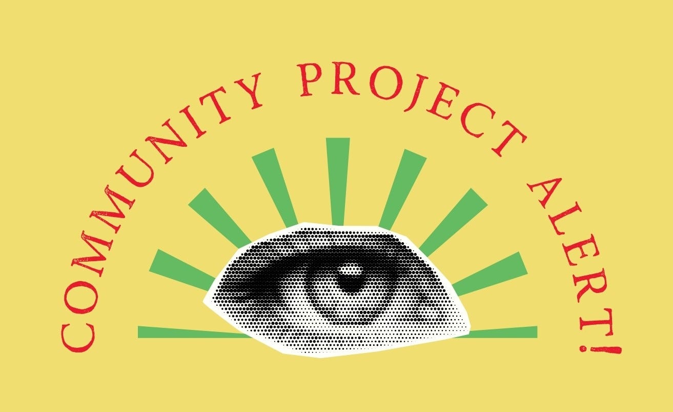 Graphic poster with the words "community project alert!" in bold, placed above a stylized eye design with radiating green lines on a yellow background.