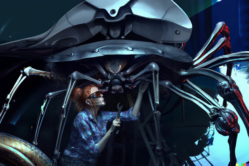 A mechanic is repairing a giant spider using a wrench.