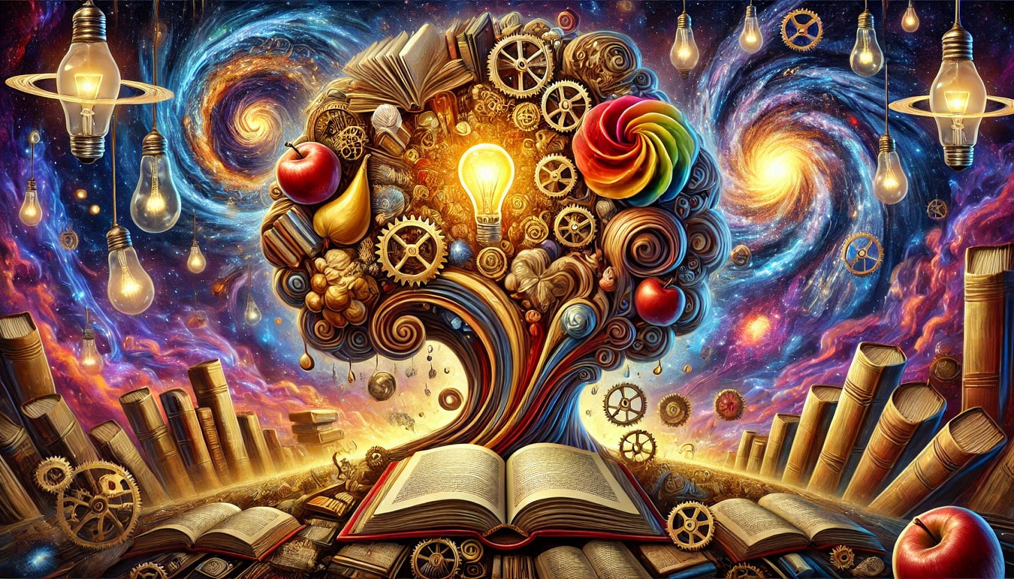 A surreal and imaginative caricature of a 'Cornucopia for the Mind.' The image features a traditional cornucopia, but instead of fruits and vegetables, it overflows with books, swirling galaxies, gears, and glowing lightbulbs, symbolizing knowledge, creativity, and intellectual growth. The background is an abstract cosmic landscape with floating ideas and symbols of wisdom. The color palette is vibrant, with warm golden hues contrasting against deep blues and purples. The composition is dynamic and whimsical, emphasizing a sense of wonder and curiosity.