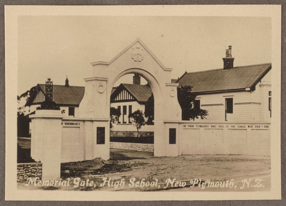 O.047690; Memorial Gate, High School, New Plymouth, New Zealand.  From the album: Snaps; circa 1920s; Unknown