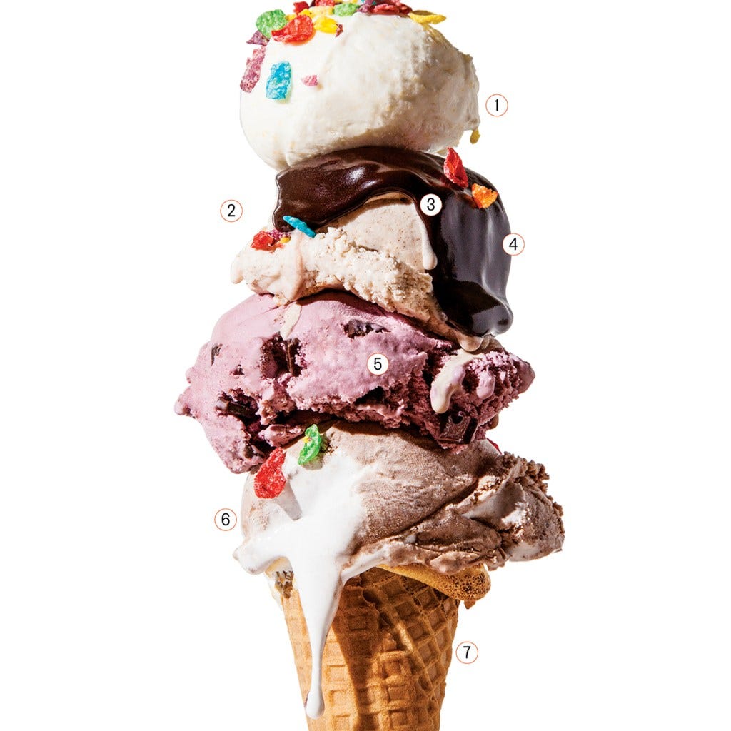 a stack of ice cream scoops in a cone