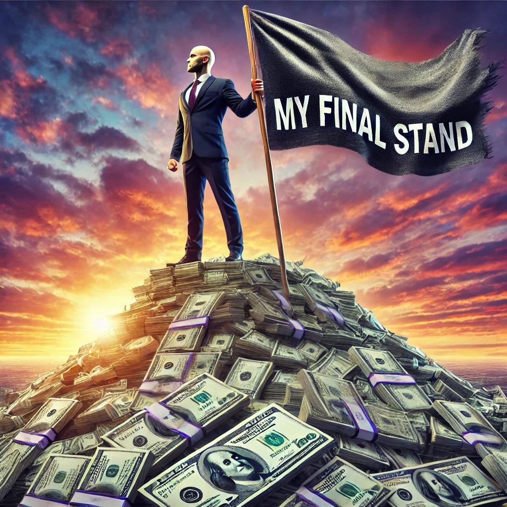 A dramatic illustration of a bald trader standing triumphantly on top of a massive mountain of cash, symbolizing financial success and determination. The trader is holding a flag that says 'My Final Stand' in bold letters, the flag billowing in the wind. The mountain of cash consists of neatly stacked banknotes, and the background features a dramatic sunset sky with intense orange and purple hues. The trader is dressed in professional attire with a confident posture, emphasizing their victory and resolve. The bald head is a distinct feature of the character, adding to the strong and determined look. The scene conveys ambition and defiance.