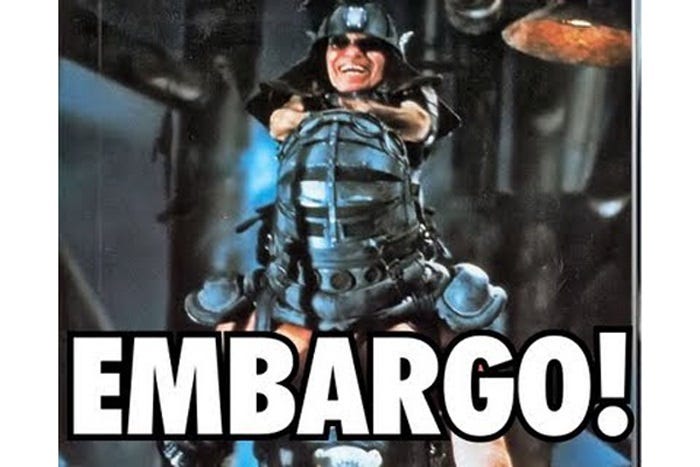 Screenshot of Master Blaster  shouting 'EMBARGO!' in Mad Max: Beyond Thunderdome